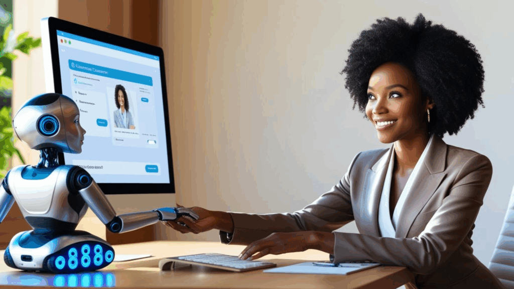 Profissional de atendimento sorri enquanto aperta a mão de um robô inteligente em um ambiente de escritório moderno, simbolizando a colaboração entre humanos e inteligência artificial no atendimento ao cliente no e-commerce.