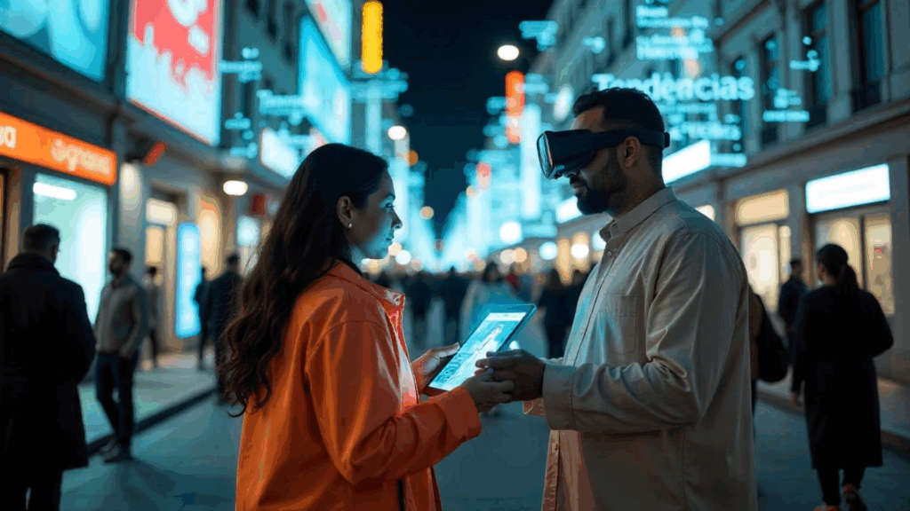 Duas pessoas interagem com tecnologia digital em uma rua comercial iluminada por telas e dados, simbolizando as tendências de comportamento dos consumidores online em 2025 e a fusão entre o físico e o digital na experiência de compra.