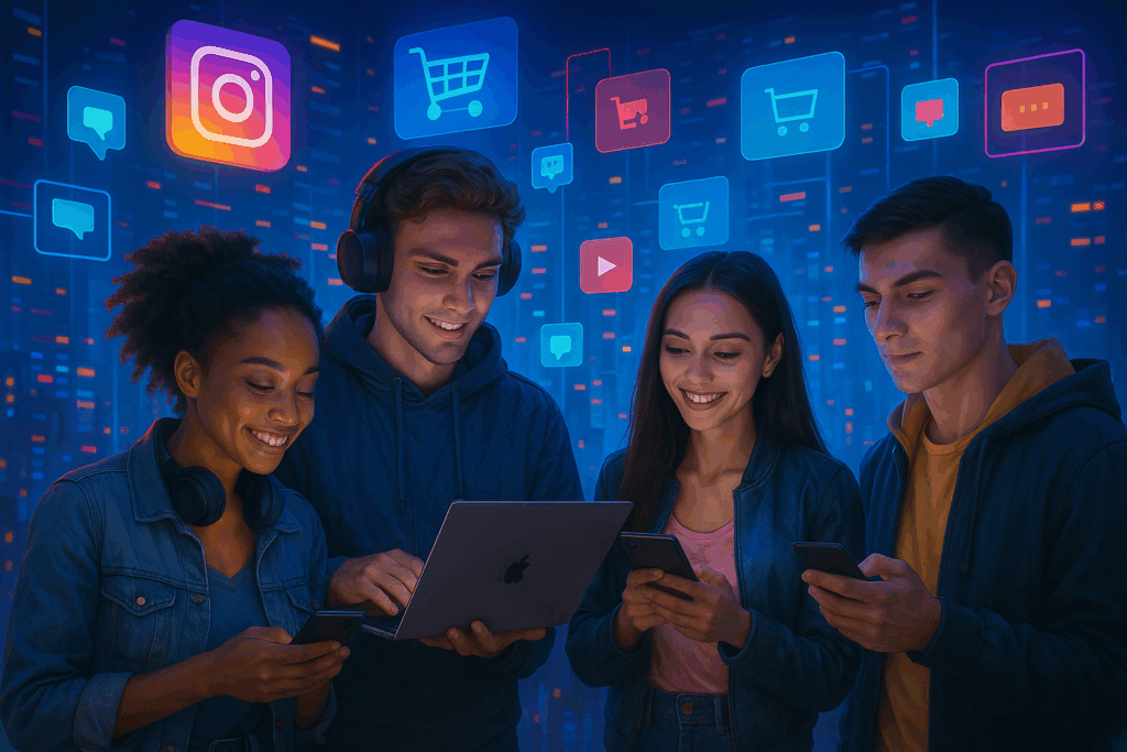 Grupo de quatro jovens adultos da Geração Z usando smartphones e laptop, sorrindo enquanto interagem em um ambiente digital futurista com ícones de redes sociais e e-commerce flutuando ao fundo, simbolizando tendências de consumo online e comportamento digital em 2025.